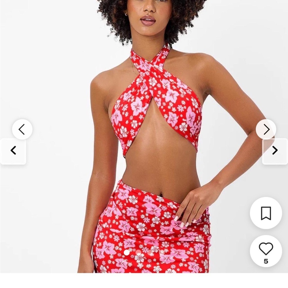 Frankies Bikinis Red Floral Halter Top and Skirt Dress size small